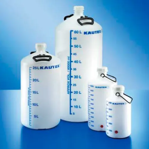 Бутыль Kautex толстостенная 60 л, HDPE, круглая, с синей градуировкой, Ø 50 мм, естественный цвет, с ручками и крышкой, без резьбового соединения (Артикул 2000084136)